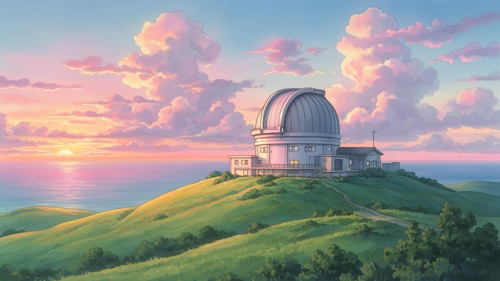 Observatory at dawn over a calm sea — building the future at first light