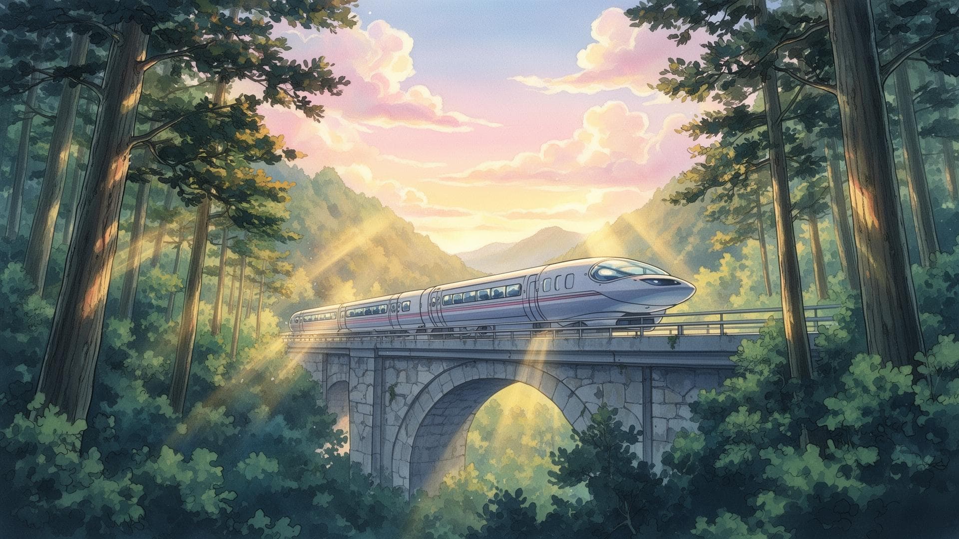 Monorail through a forested valley at golden hour — a visible workflow in motion