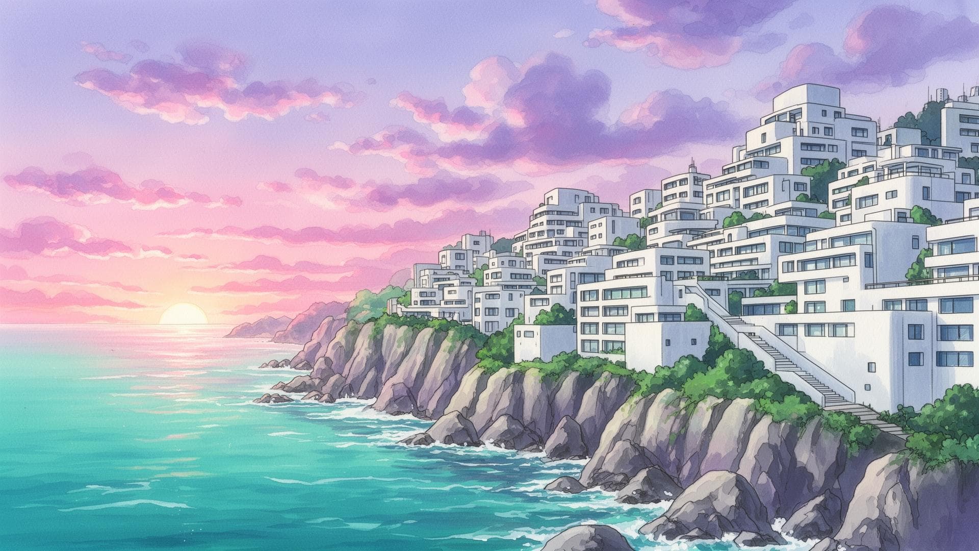 Coastal town stepping down a cliff at sunrise — parallel plans compressing the roadmap