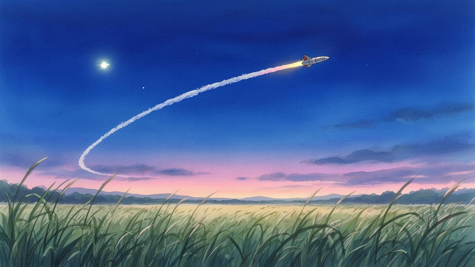 A rocket trail across a cobalt twilight — your roadmap, shipped